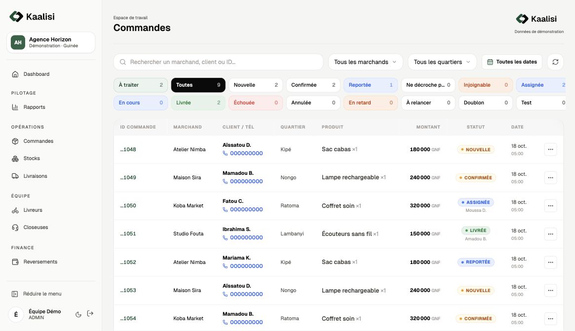 File de commandes et statuts dans Kaalisi